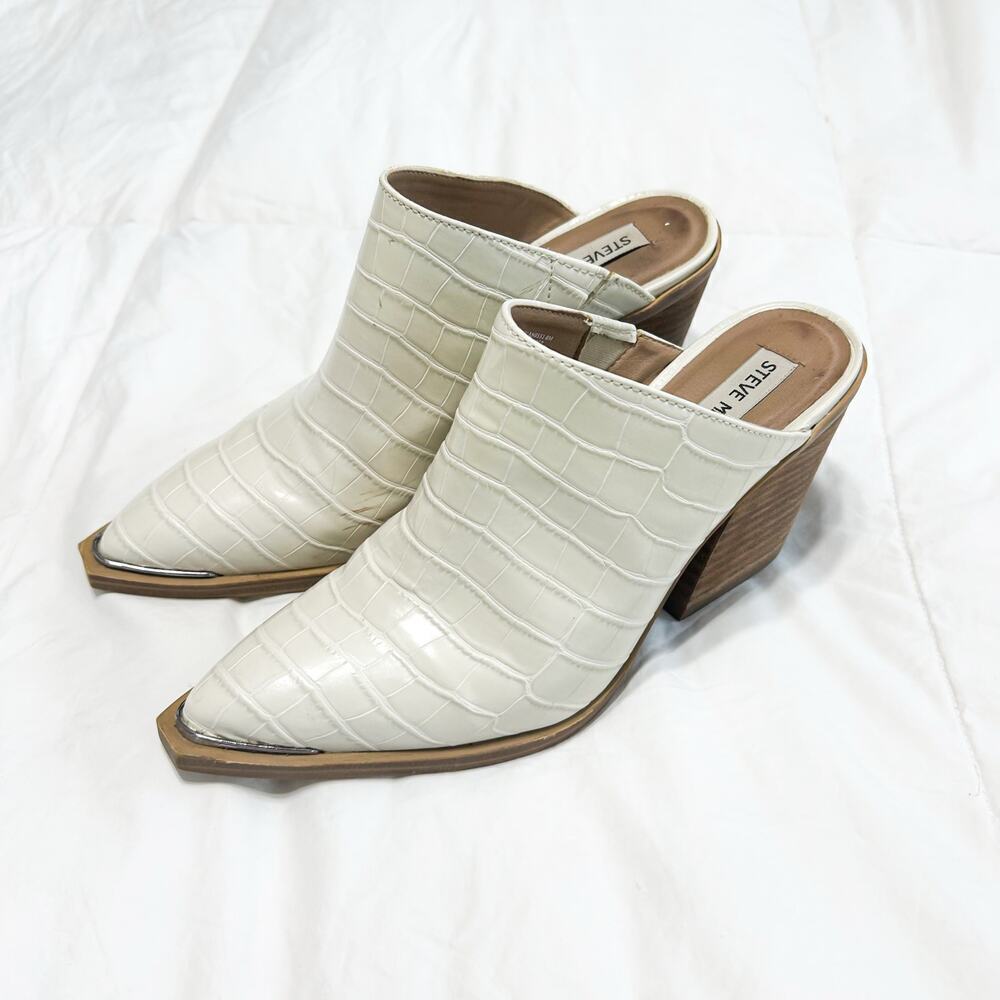 Steve Madden Alanna Mule Heels Croc Embossed Ivory Block Heel Mules 8M EUC